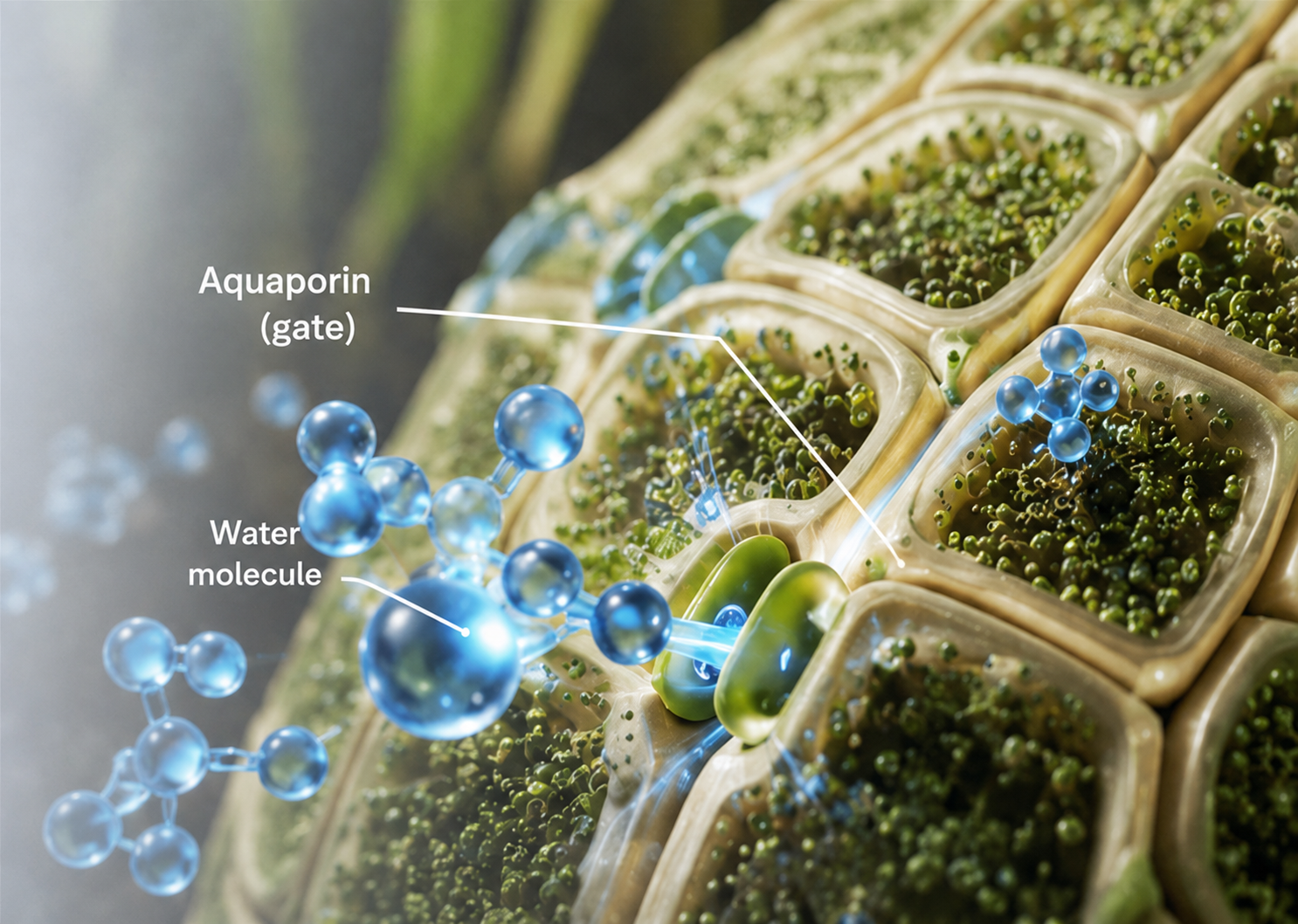 Root cells with water molecules entering the aquaporins